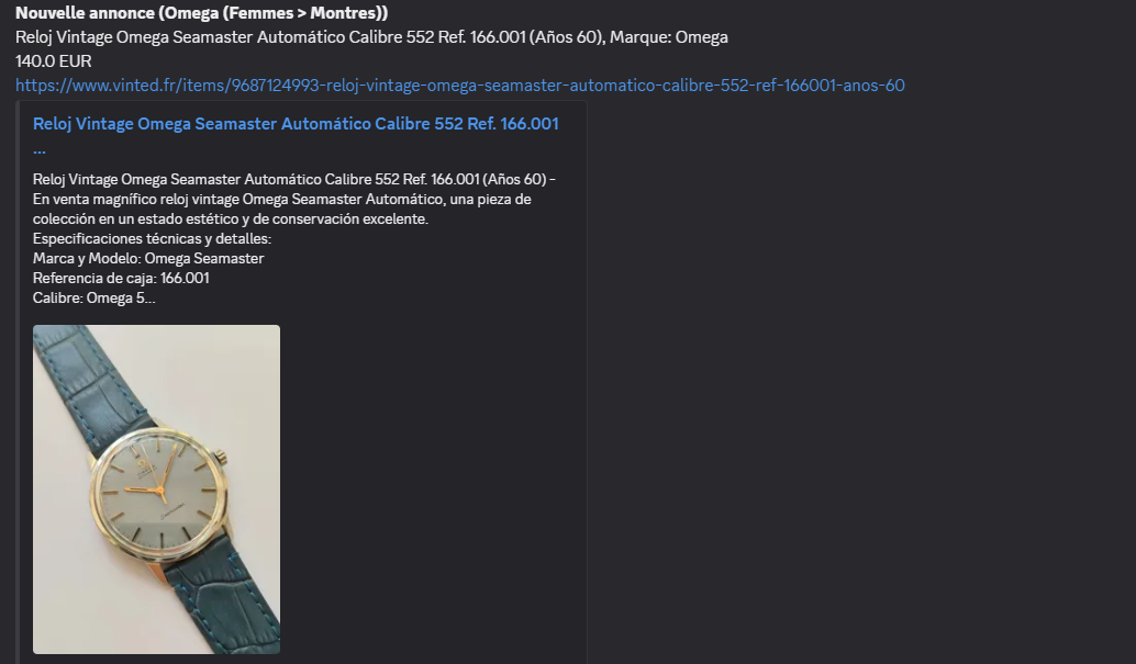 Alerte Discord automatique d'une nouvelle annonce Vinted sous-evaluee, montre vintage Omega Seamaster