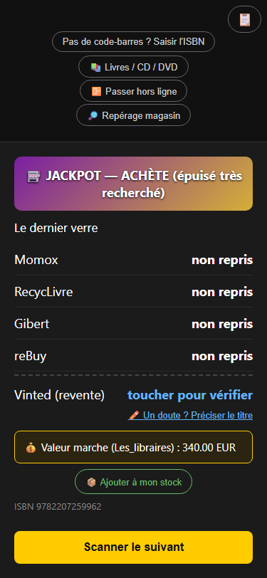Scanner ISBN jackpot en brocante : resultat JACKPOT ACHETE avec comparaison des prix de rachat Momox, RecycLivre, Gibert et reBuy